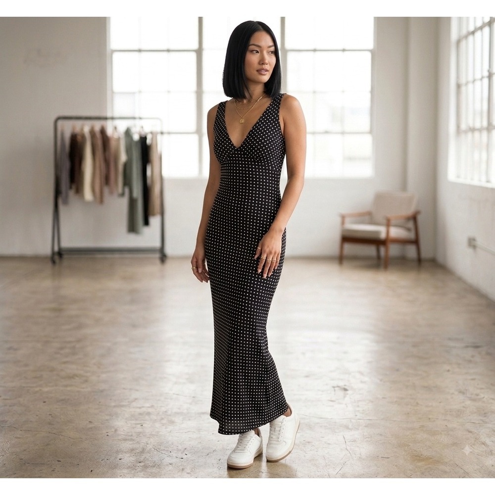 Princess Polly Black and White Nellie Polka Dot V-Neck Sleeveless Maxi Dress 4